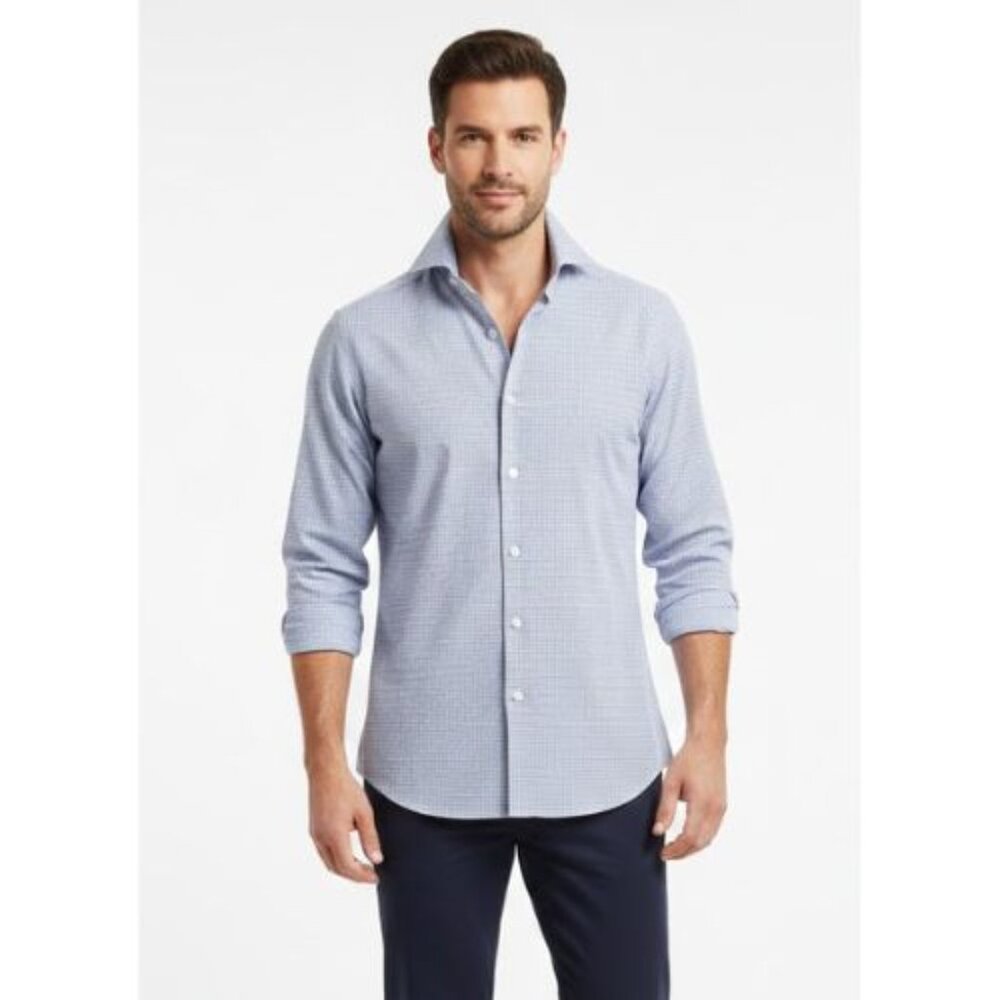 Van Heusen Men's Blue Casual Button Down Shirt Checkered Pattern Long Sleeve